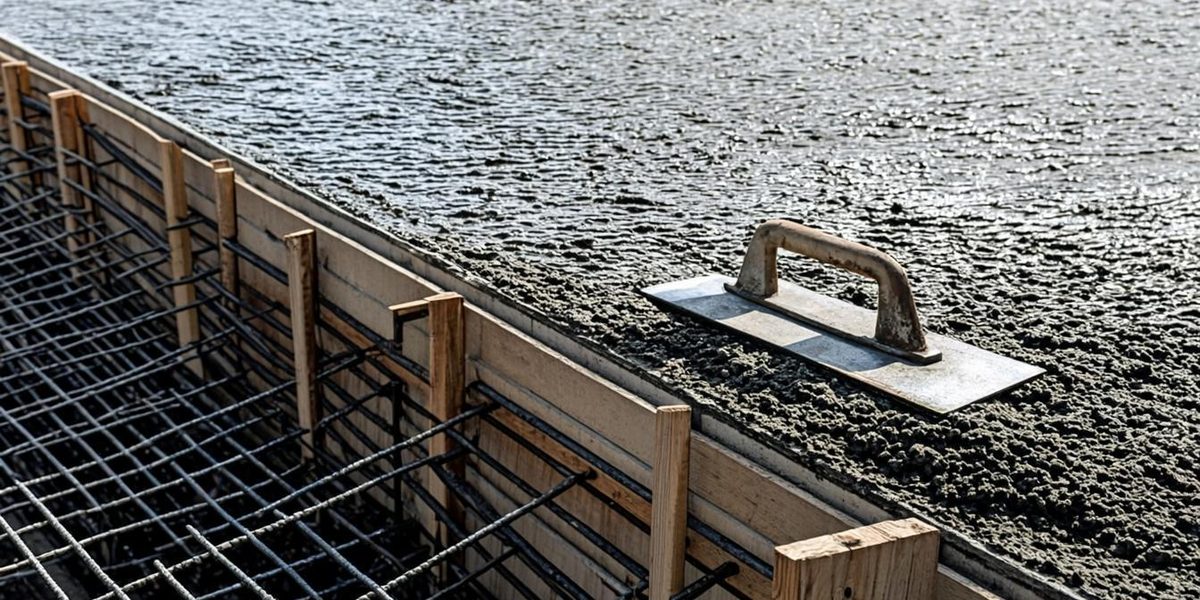 Freshly poured concrete slab in wooden formwork with a wet surface sheen and rebar grid exposed at the edge