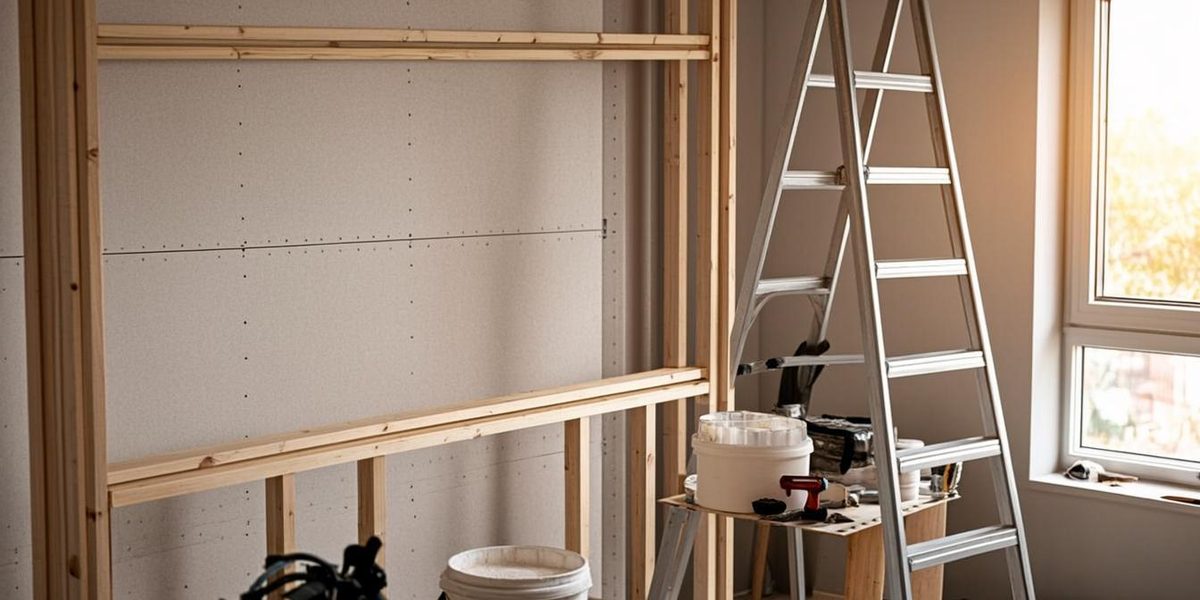 Drywall sheets fixed to wall studs with a screwdriver and joint compound during a renovation