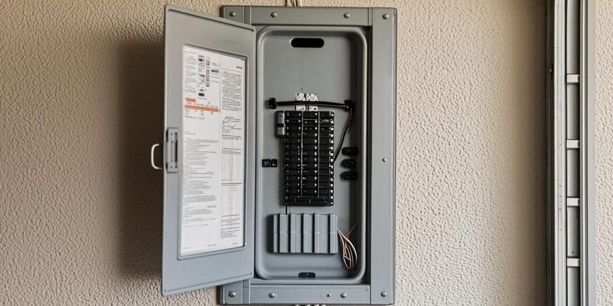 Open residential electrical breaker panel with rows of circuit breakers and tidy wiring