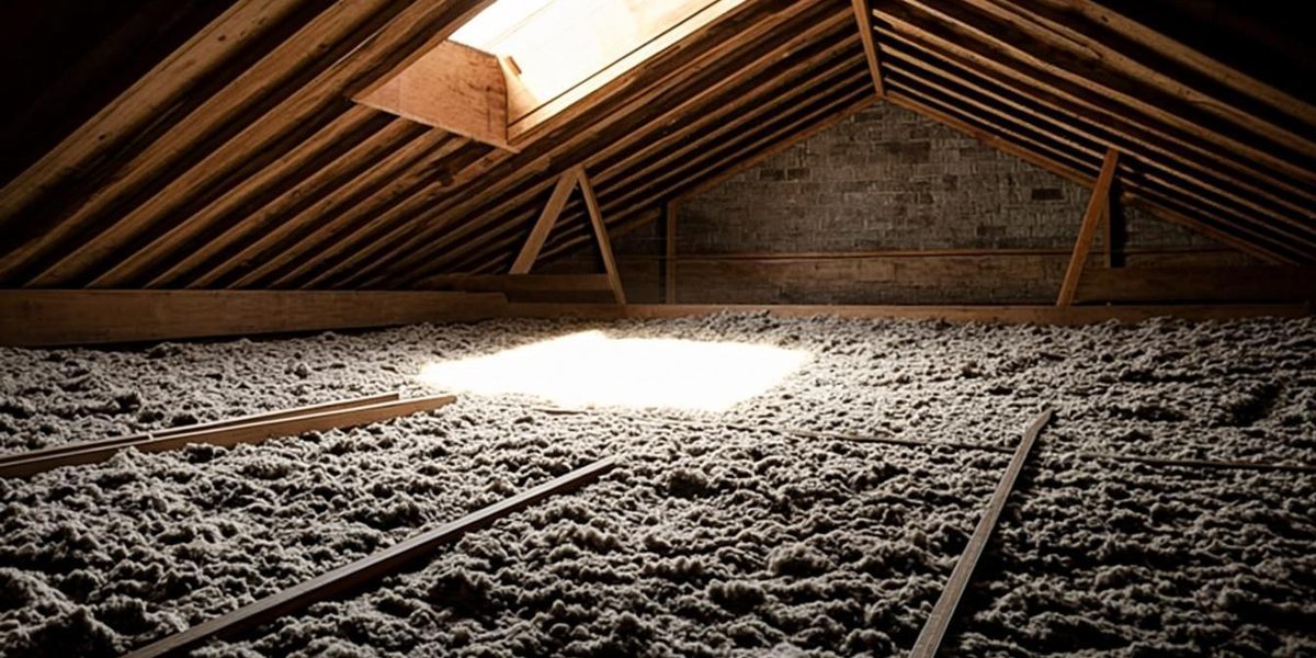 Attic ceiling joists evenly filled with grey blown-in insulation in warm light from the hatch