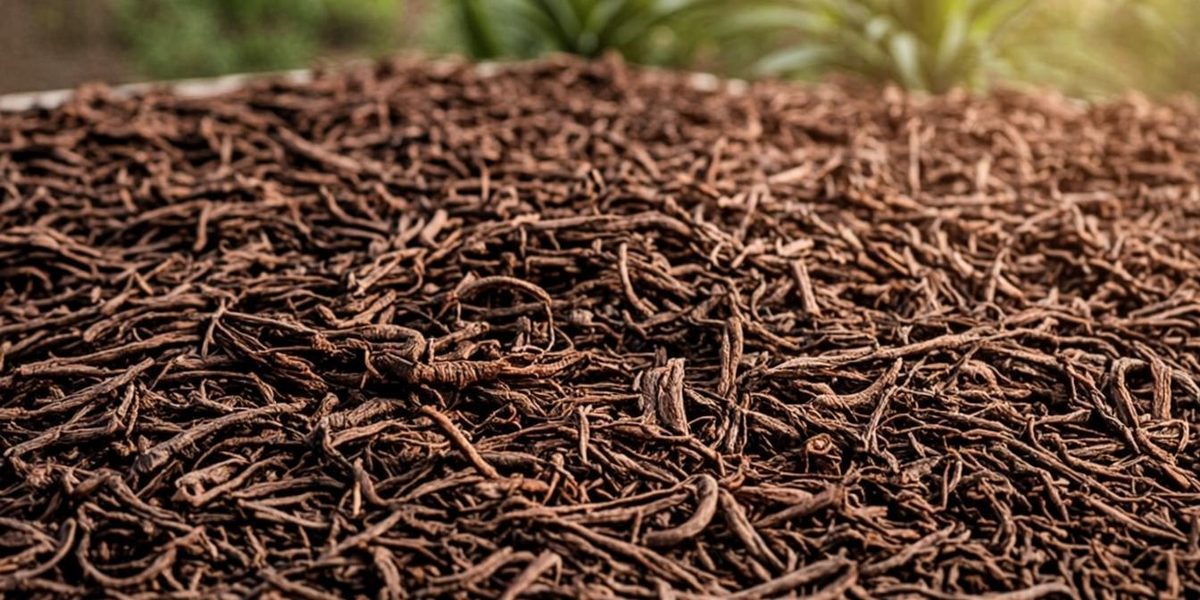 Dark shredded bark mulch freshly spread in an even layer across a garden bed