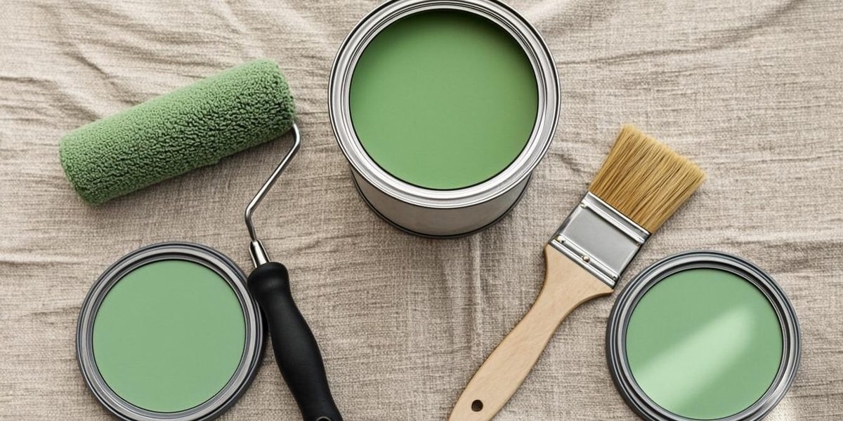 Sage-green paint can, roller and brush laid out on a canvas drop cloth