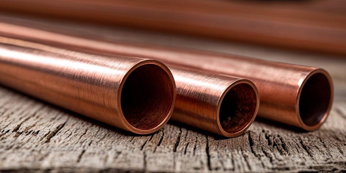 Straight copper plumbing pipes of different diameters lying side by side on a workbench