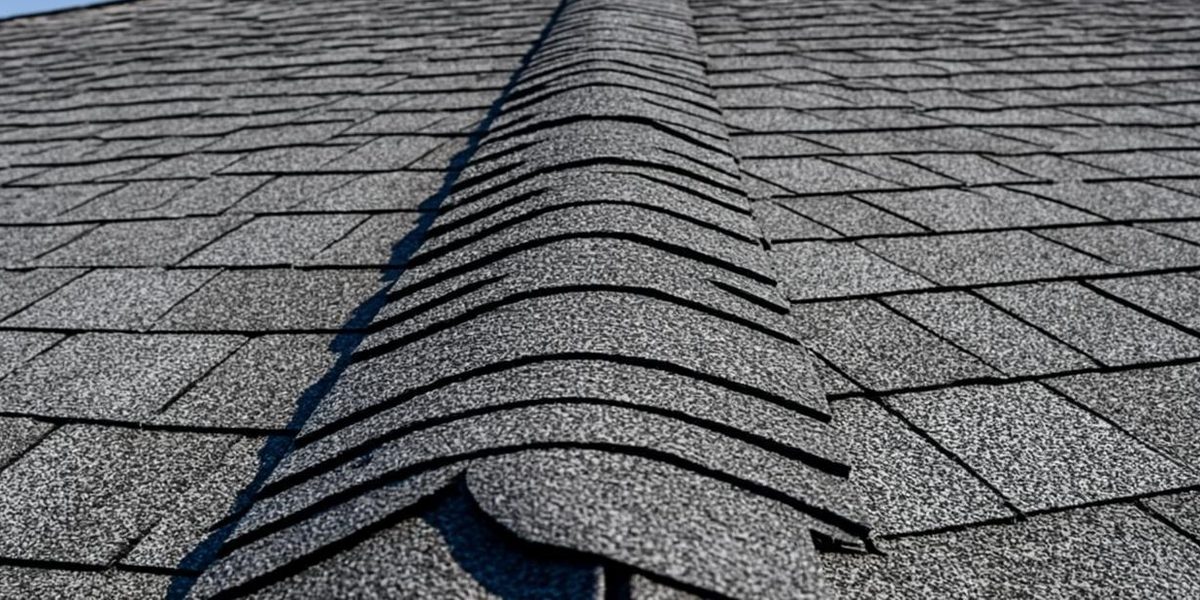 Straight courses of charcoal asphalt shingles running up a freshly shingled roof slope