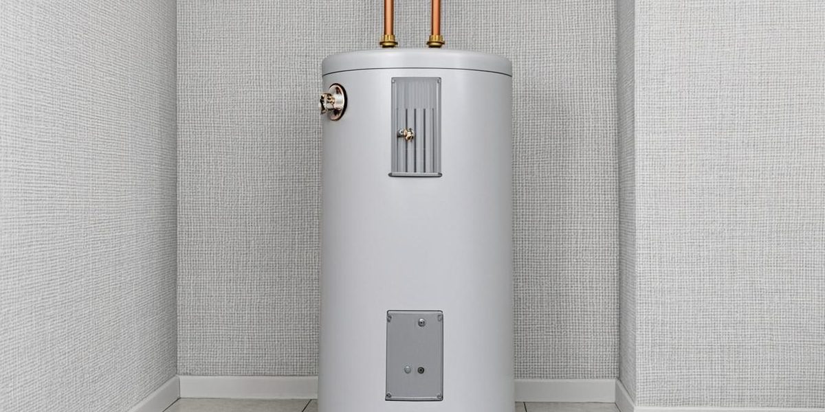 Plain white tank water heater with two copper pipes in a home utility corner